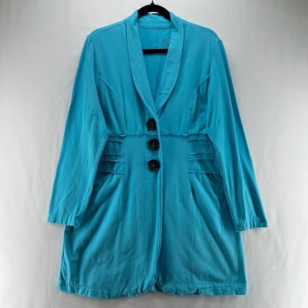 Neon Buddha Jacket Women Sz M Shawl Collar 3-Button Blazer Ruffled Hem Turquoise